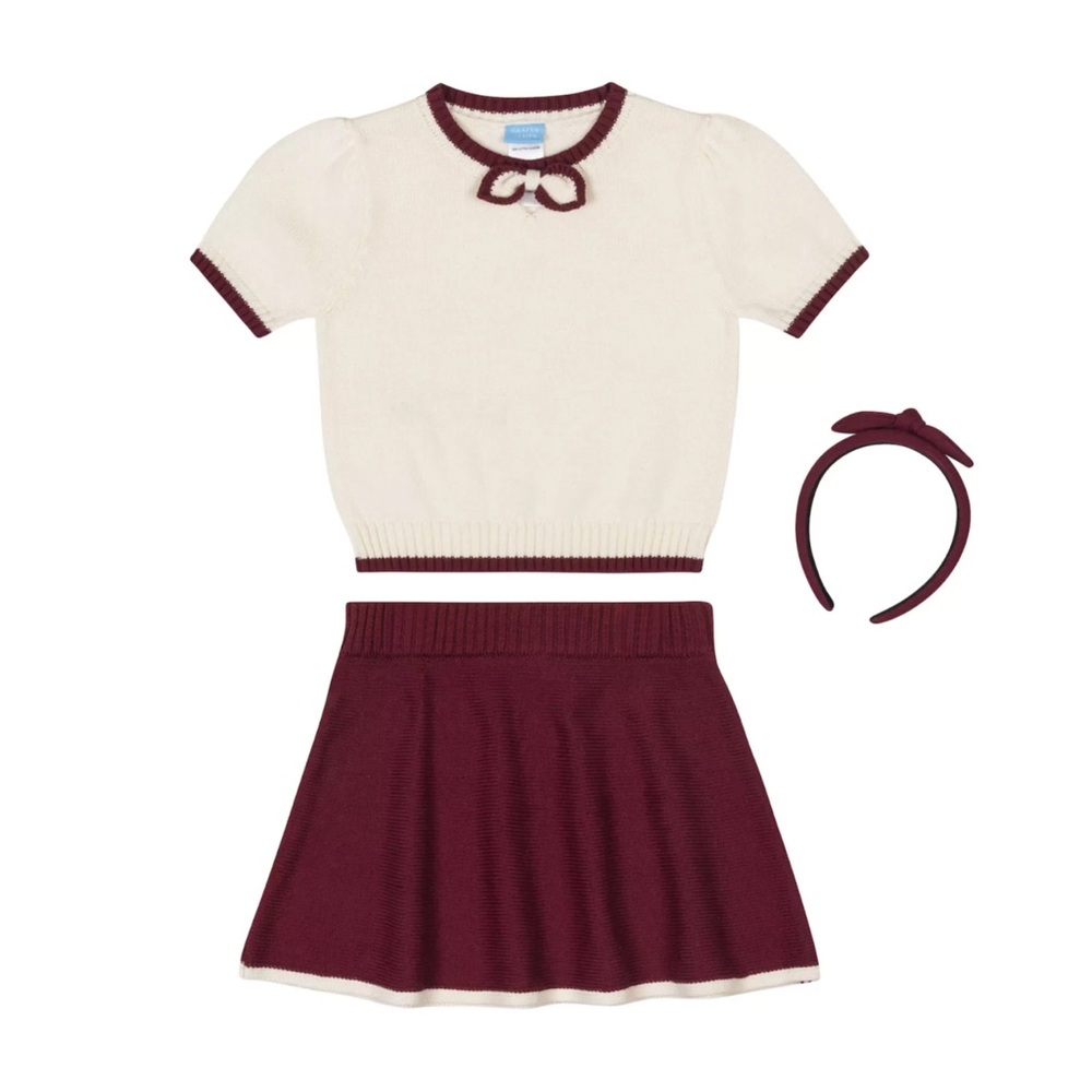 Draper James Sweater & Skirt Set w/Headband Girls 6 Ivory & Wine Knit 3 Piece